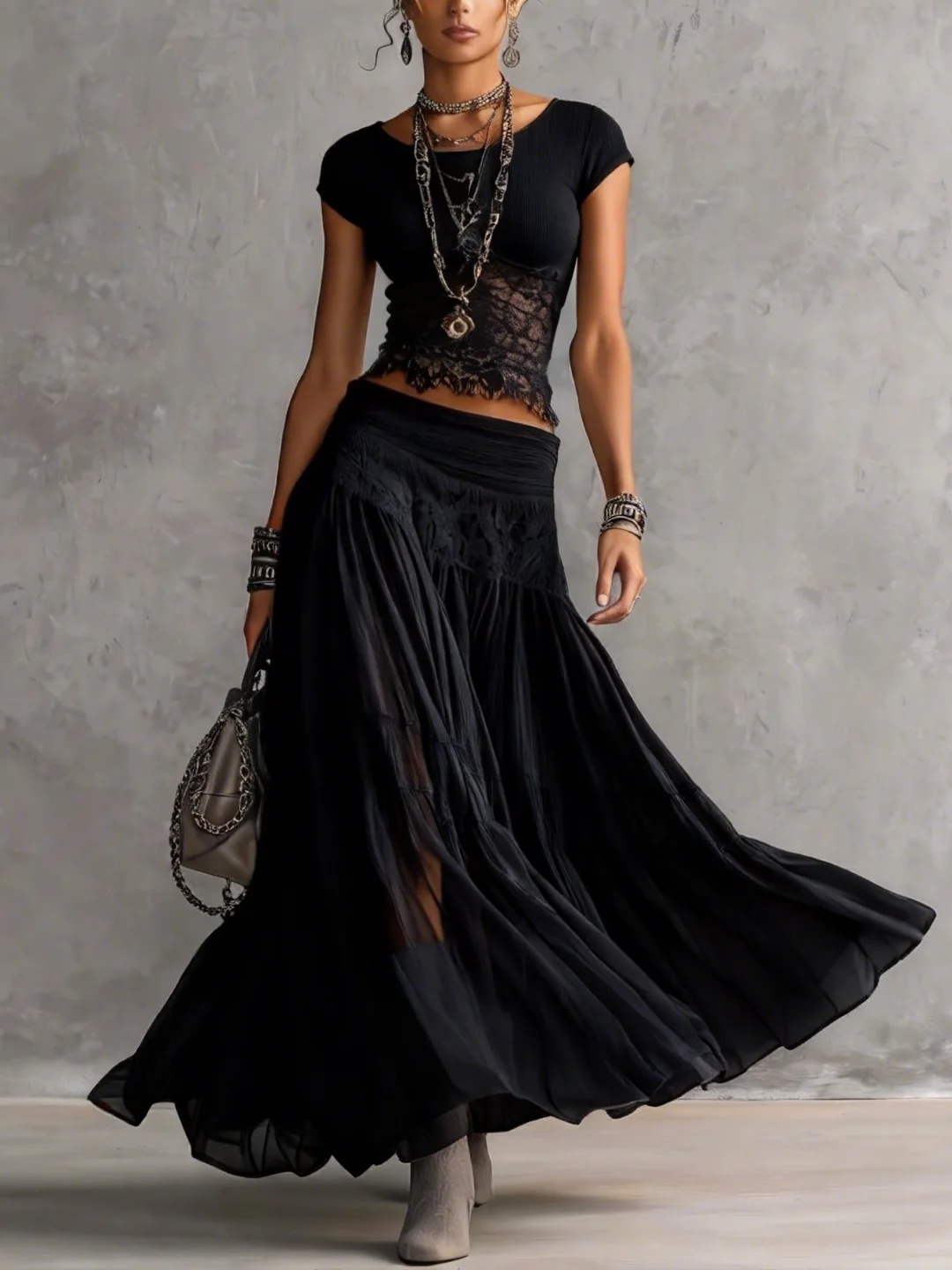 Summer Clothing Accessories - 2026 Gray Knitted Top + Chiffon
