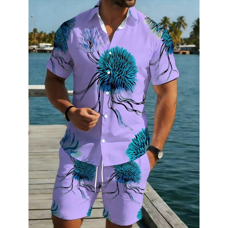 Beach Shirt Hawaiian - Men's Hawaiian Shirt Shorts Set Purple