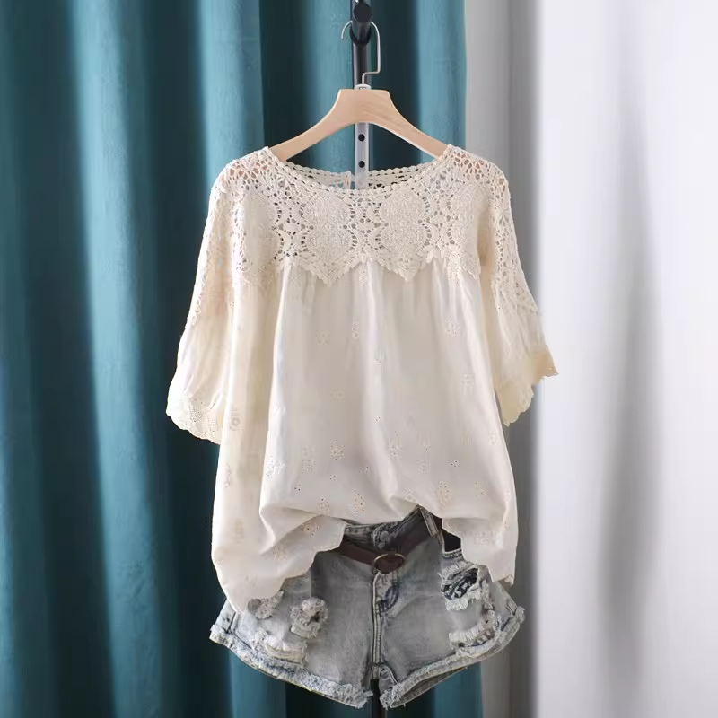 Summer Clothing Japan - 2026 Hollow Out Lace Patchwork Shirts