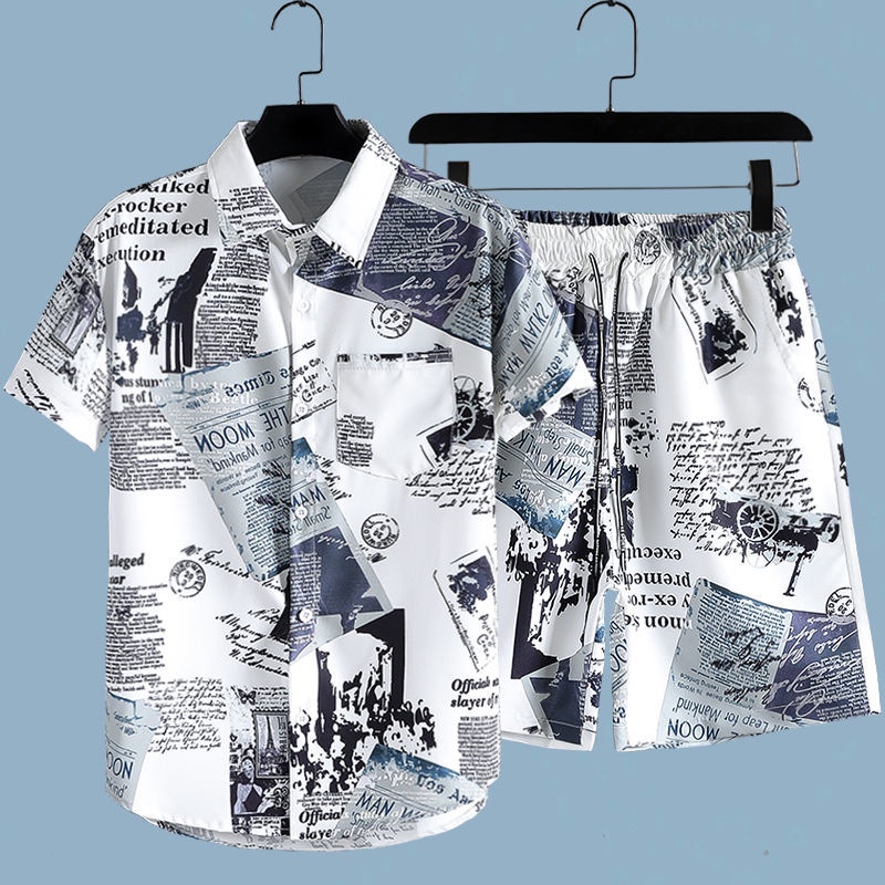 Beach Shirt Hawaiian - Men's Newspaper Printed 2-piece Set Short