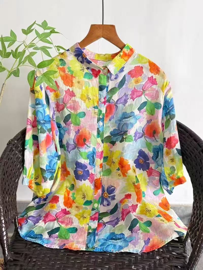 Summer Clothing Japan - 2026 Pure Ramie Print Shirt Women
