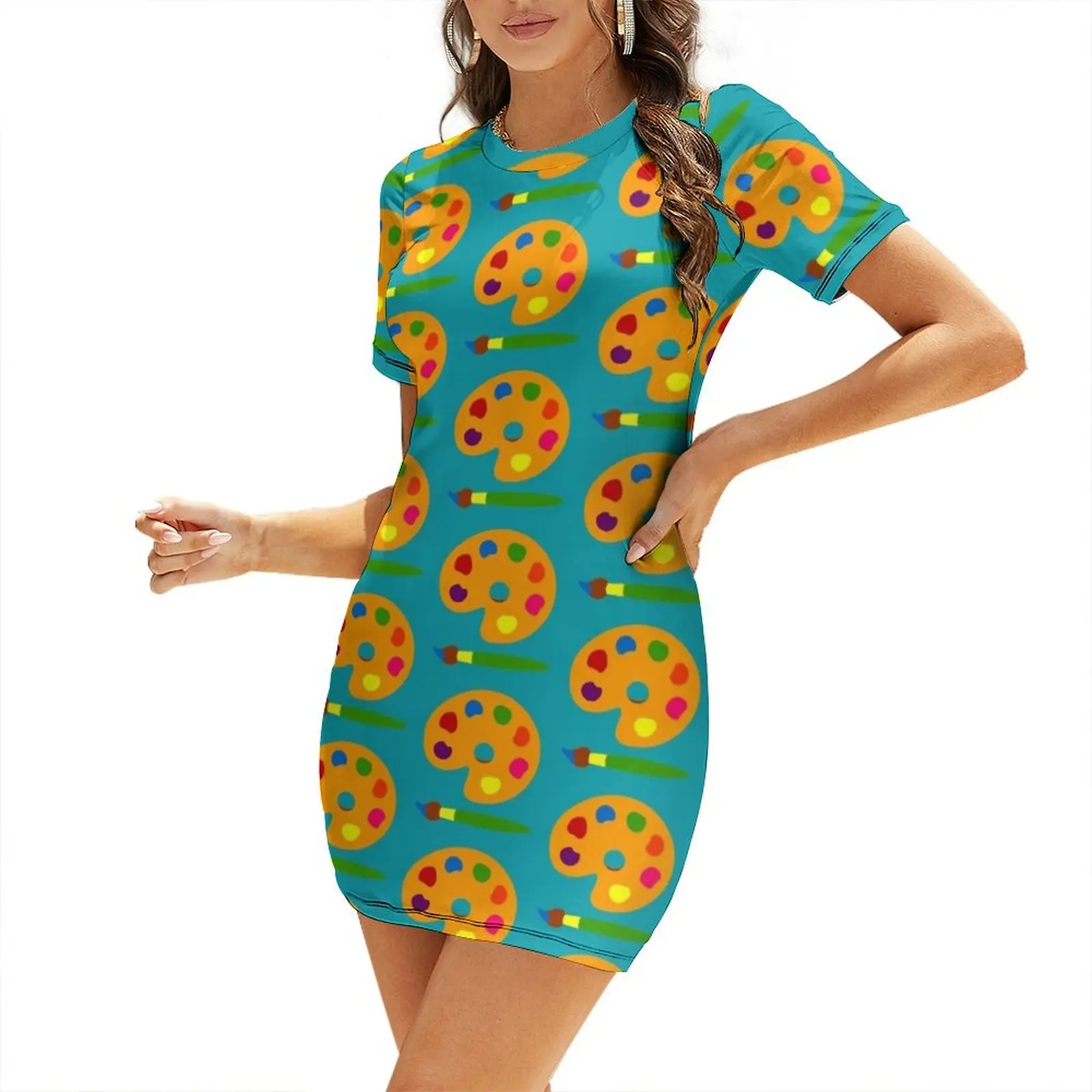 Summer Clothing Color Palette - Colorful Paint Palette Short-Sleeved Dress women's